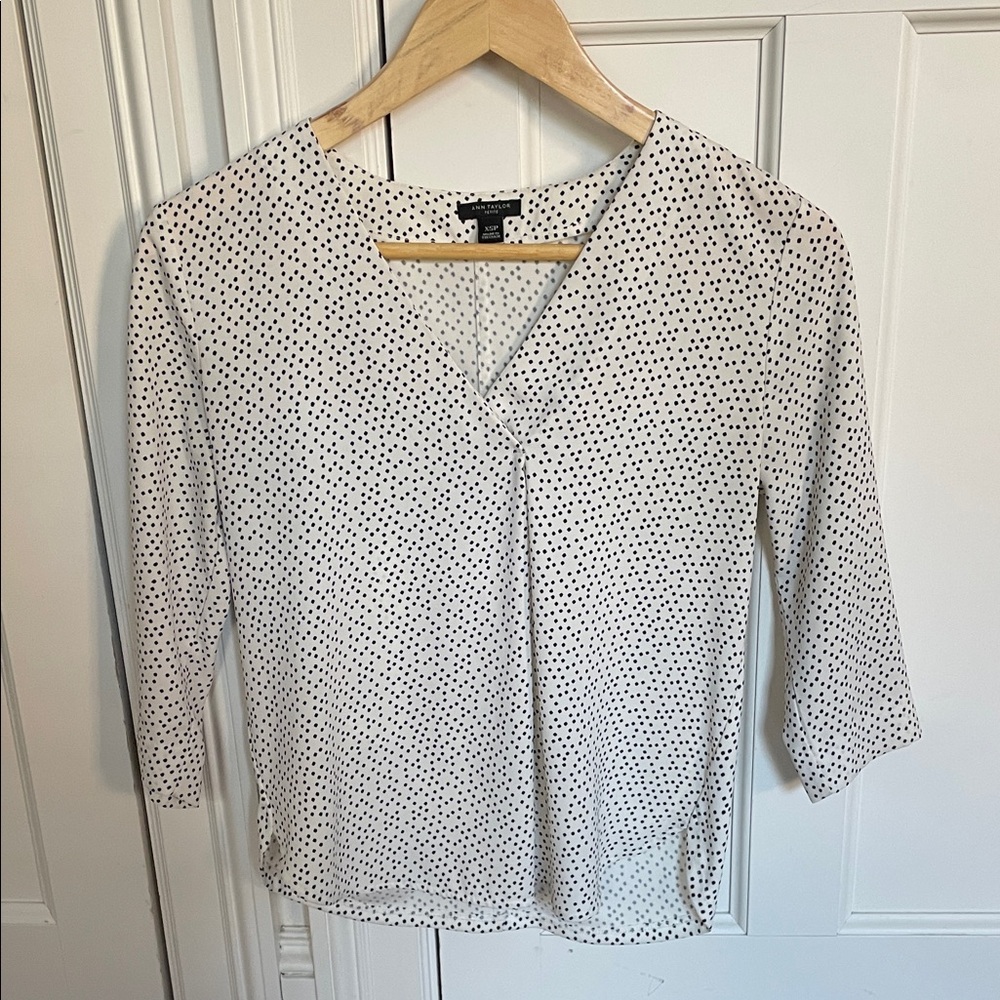 Ann Taylor White Blouse with Navy Polka Dots